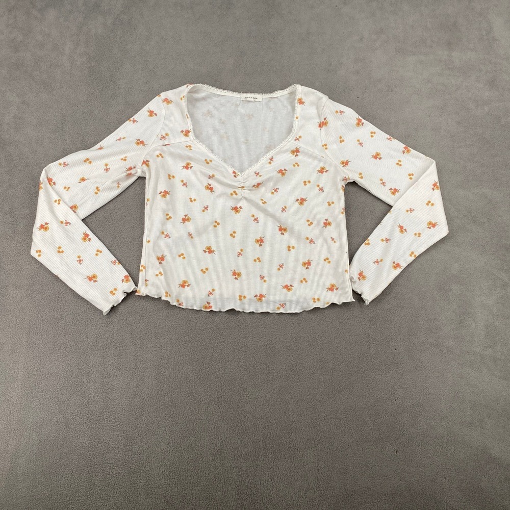 Stitch & Pine White Floral Waffle Knit Lace Trim Long Sleeve Top Large